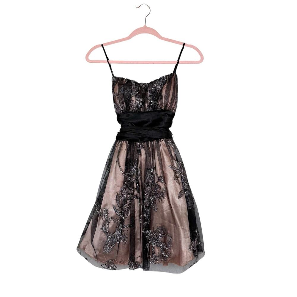 B Darlin Black Mesh Overlay Glitter Babydoll Flare‎ HOCO Y2K Party Dress Sz 3/4